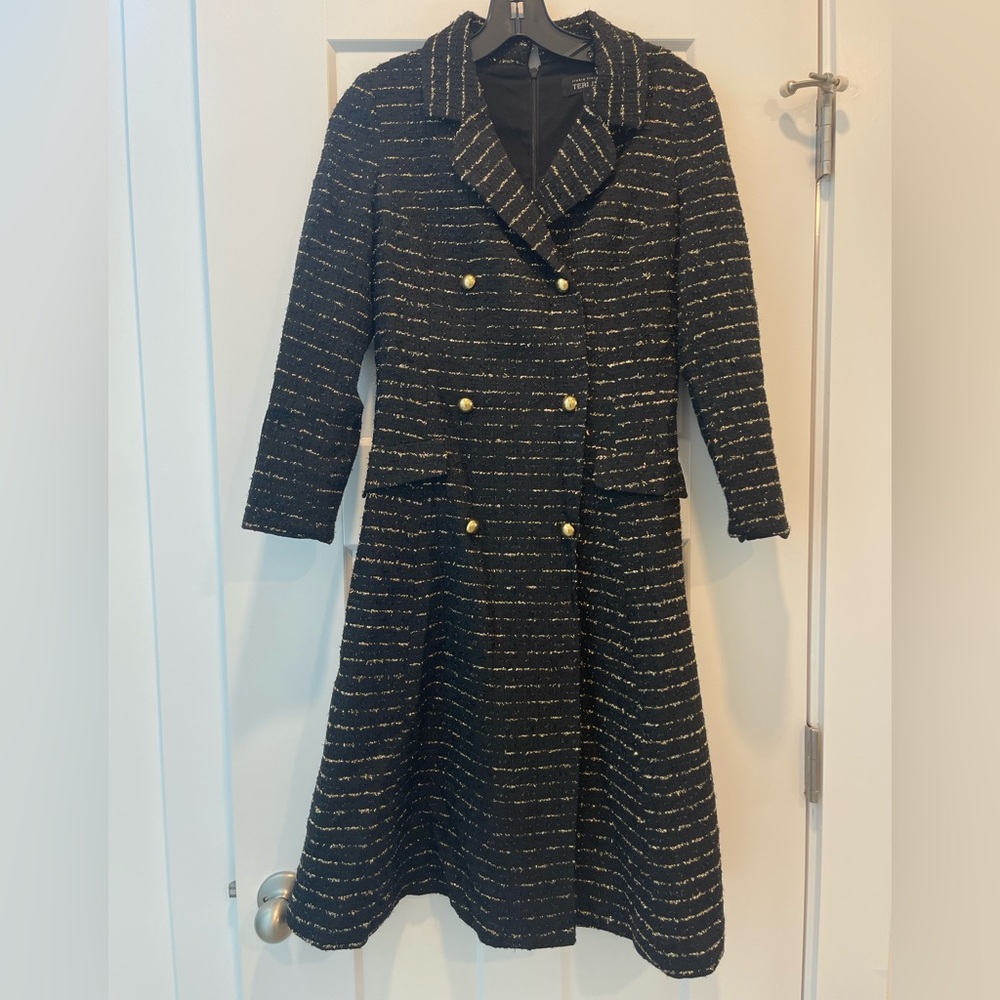 Teri Jon by Rickie Freeman: Black and Gold Textured Jacket Dress